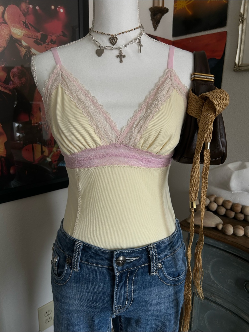 Free People Bodysuit M Butter Yellow Pink Lace Trim Babydoll Ribbed Fairy Y2K
